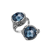 Sterling Silver London Blue Topaz Quartz Round Shape Floral Balinese Statement Ring